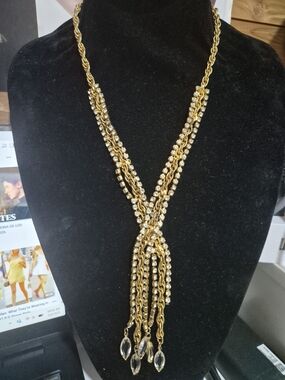 Vintage Gold and Clear Crystal Tassel Necklace